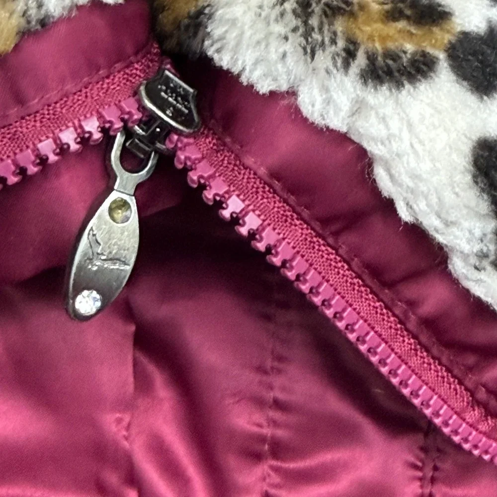 Hawke & Co Girls Puffer Jacket Burgundy Faux Fur Leopard‎ Collar 10/12 Quilted